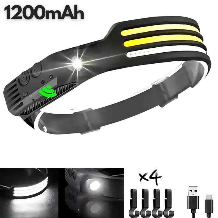 COB LED | Lampe frontale à capteur LED rechargeable 3 LEDs Blanches avec 4 crochets (1200mAh) activit bricolage camping capteur cette clairage confort elle frontale lampe mouvement obscurit plein port pour professionnels prolong puissance rapide recharge rechargeable travailzen travaux vous