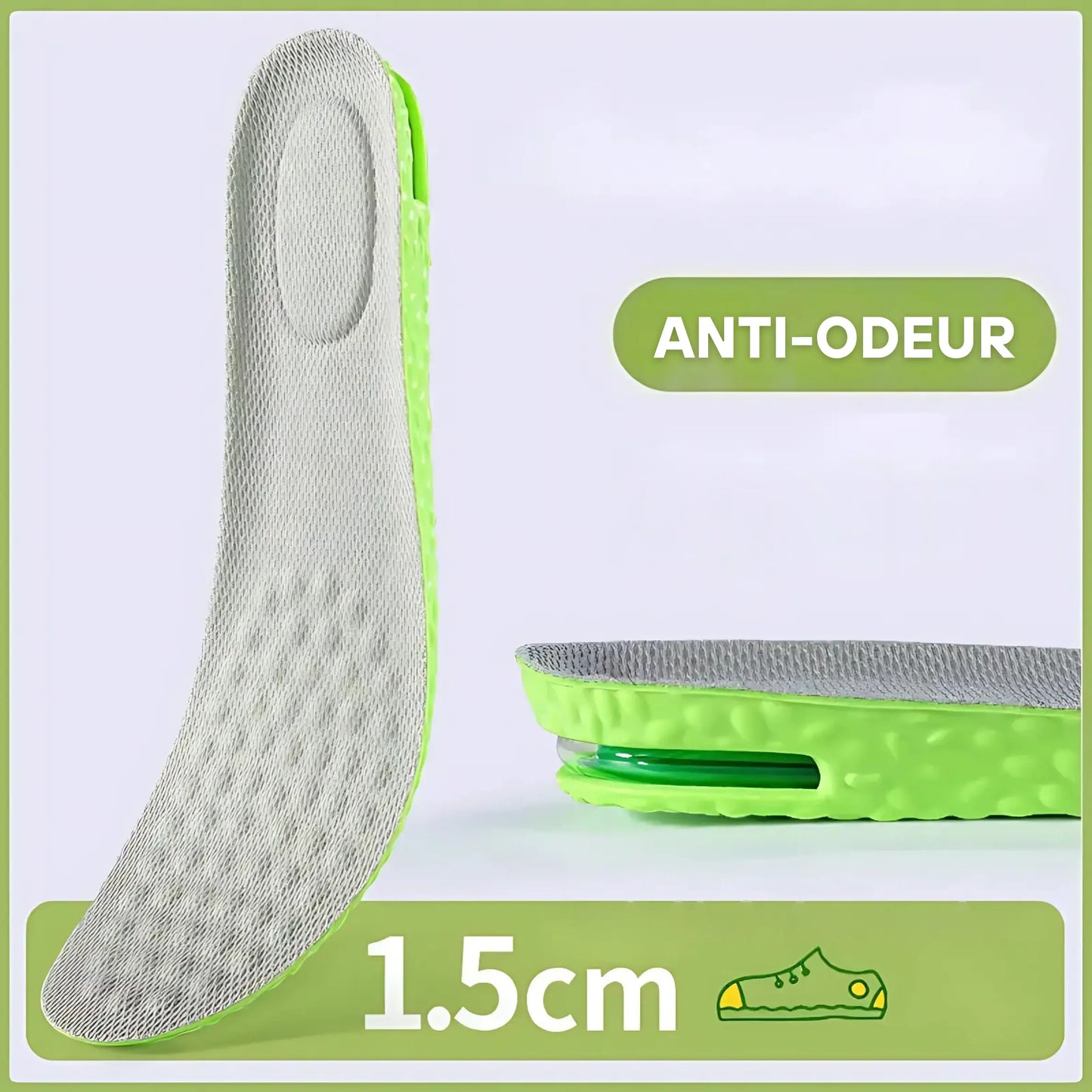 Airzen - Semelle gain de taille et confort 1.5cm | Vert absorption airzen chocs confort coussin discr disponibles fatigue gain hauteurs pour rehaussement respirante riau semelle semelles sont taille votre