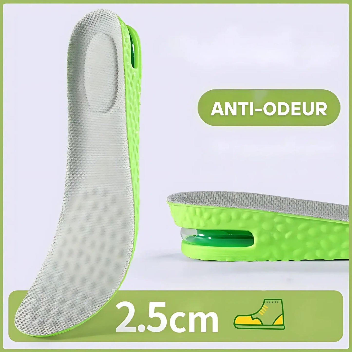 Airzen - Semelle gain de taille et confort 2.5cm | Vert absorption airzen chocs confort coussin discr disponibles fatigue gain hauteurs pour rehaussement respirante riau semelle semelles sont taille votre