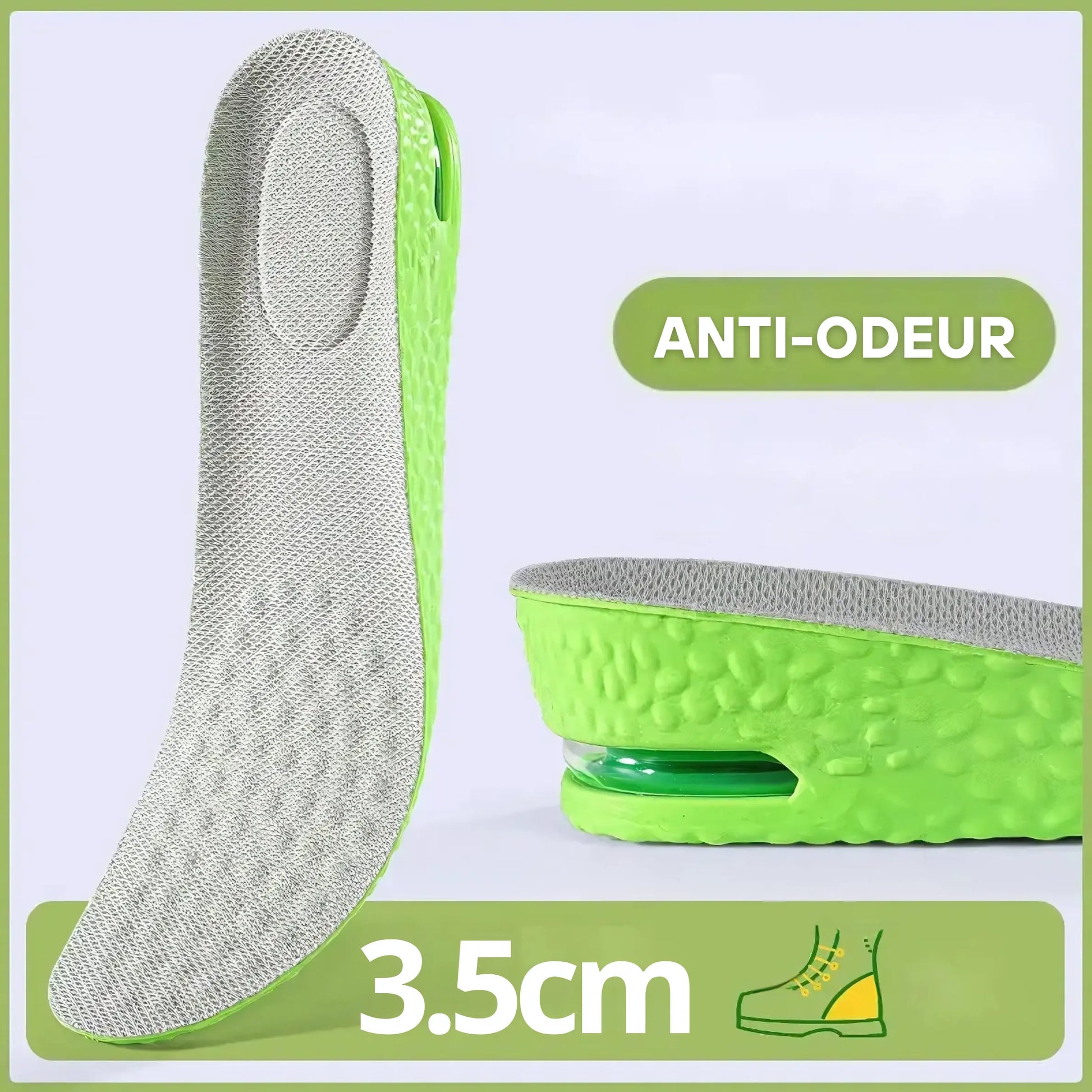Airzen - Semelle gain de taille et confort 3.5cm | Vert absorption airzen chocs confort coussin discr disponibles fatigue gain hauteurs pour rehaussement respirante riau semelle semelles sont taille votre
