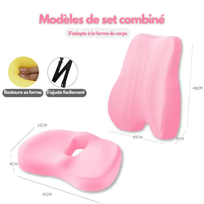 Ferns | Coussin Dossier et Siège Orthopédique Ensemble coussin rose (dossier + assise) assise avec bureau coccyx confort coussin design dique dossier douleurs ferns forme haute housse lavable lombaire lombaires maison moire mousse orthop posture pour prolong respirant soutien tissu toute utilisation voiture votre